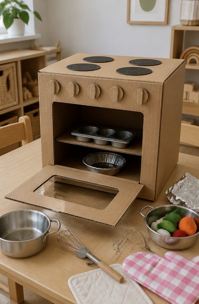 A cardboard toy oven with a door cutout and bottle cap knobs.