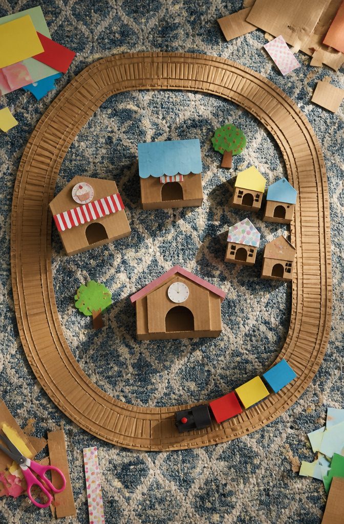 A cardboard train track layout with small boxes as buildings.