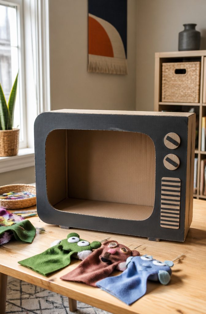 A cardboard puppet theater resembling a TV with puppets in front.