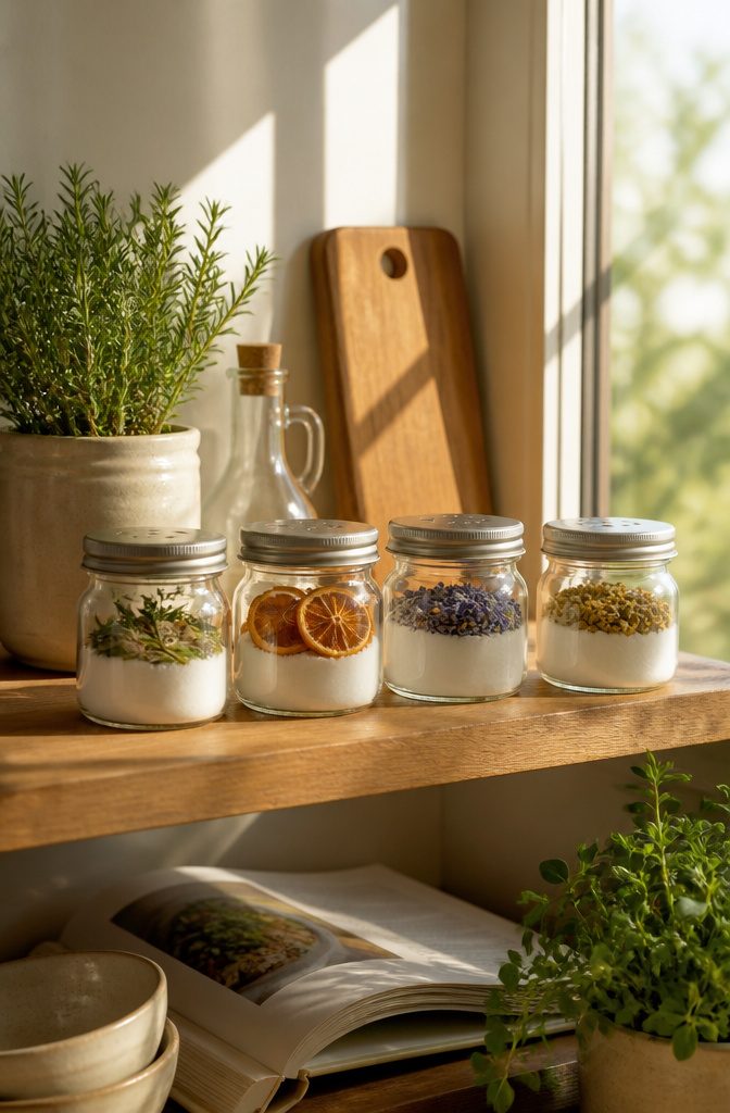Glass jars with air fresheners made from baking soda and essential oils.