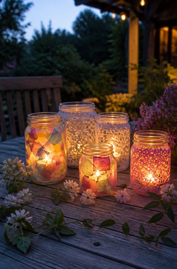 Artistic candle holders made from jars adorned with tissue paper.