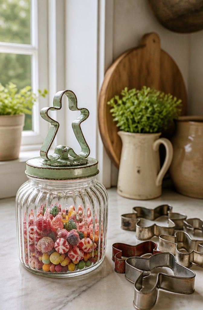 Glass jar filled with colorful candy and topped with a metal cookie cutter.