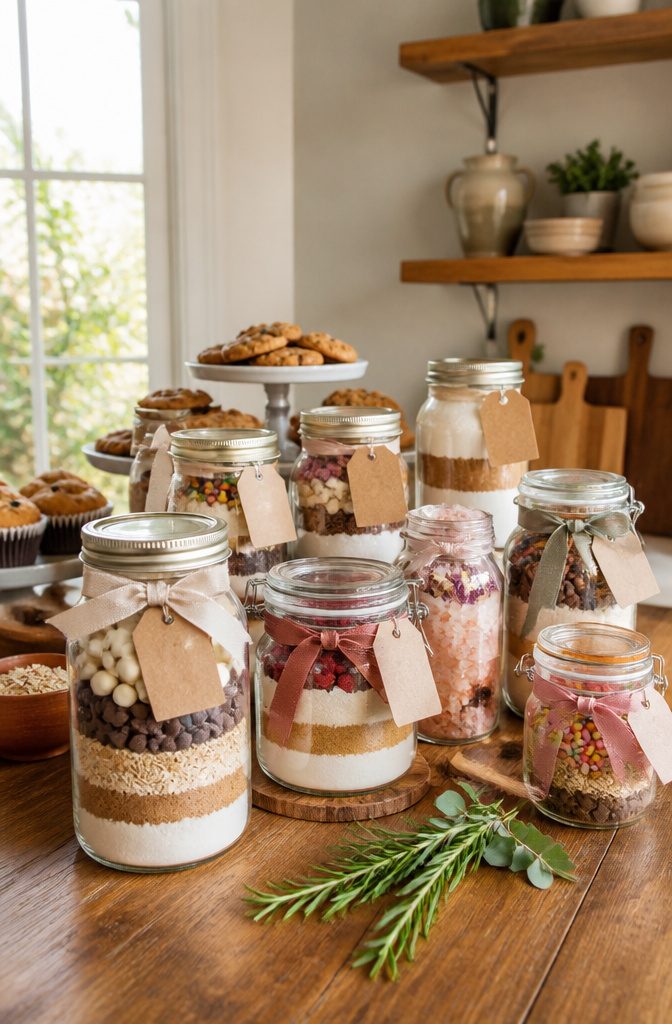 Colorful jars filled with cookie mix and bath salts tied with ribbons.