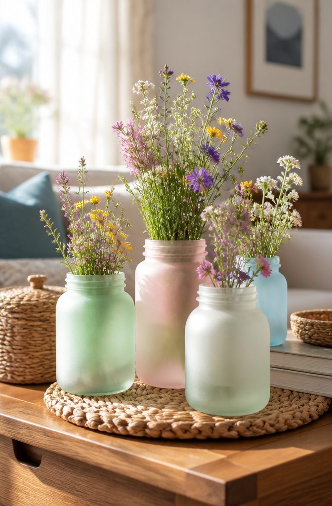 Frosted glass jars used as vases holding fresh flowers.
