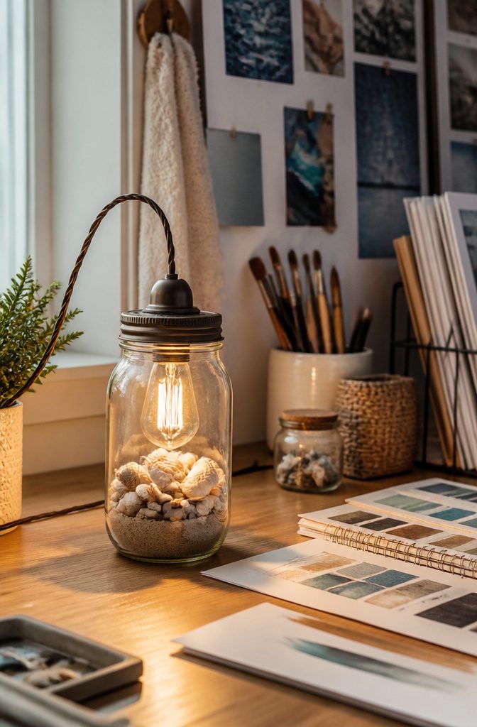 Mason jar lamp filled with shells and sand, illuminating the workspace.