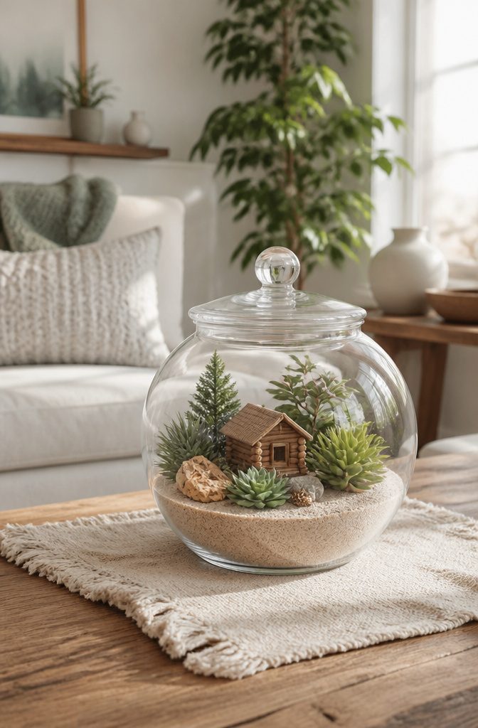 Glass jar containing a mini landscape with sand and figurines.