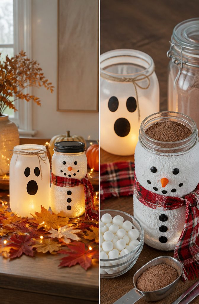 Mason jars decorated for Halloween and Christmas with playful designs.