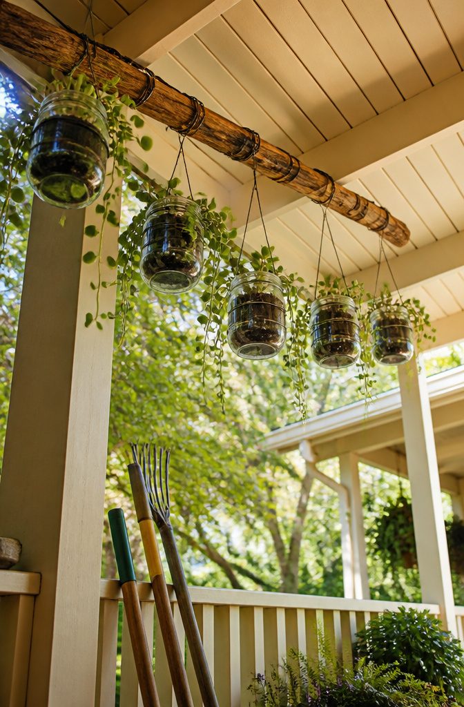 Glass jars hanging as planters, secured with craft wire.