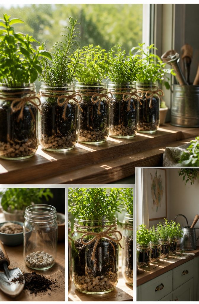 Mason jar with herbs planted inside, showcasing a small garden.