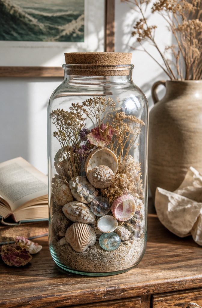 Glass jar filled with various keepsakes representing cherished memories.