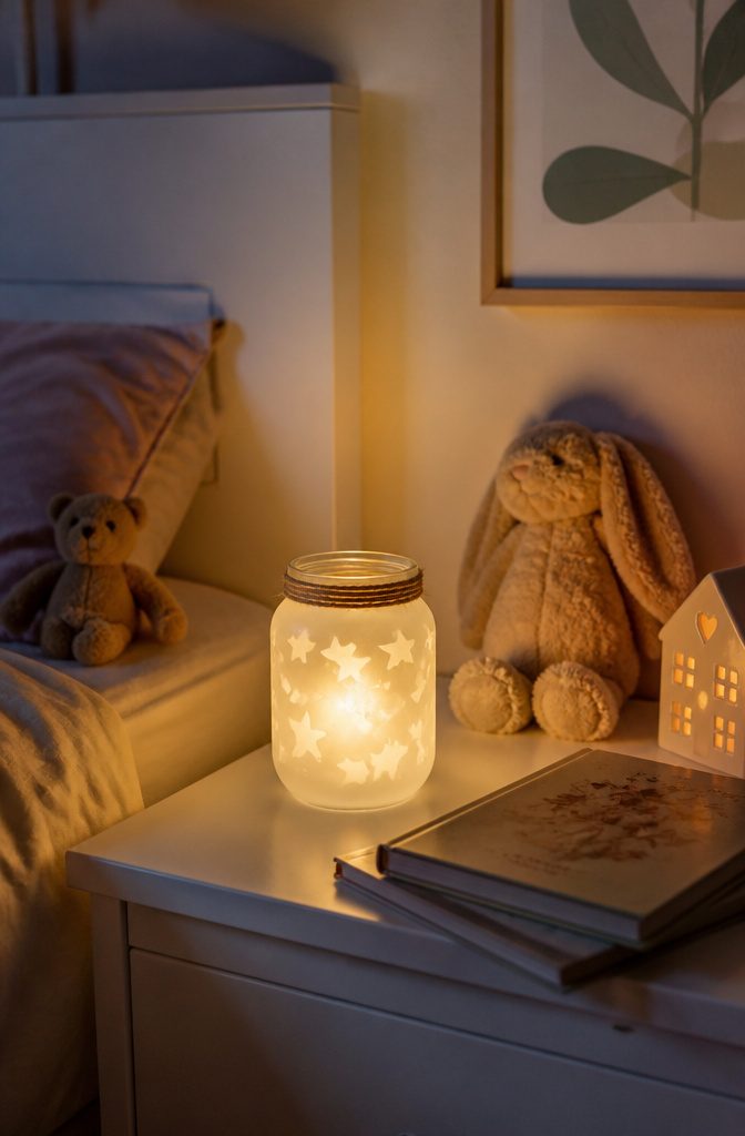 Frosted jar night light containing a battery tealight inside.
