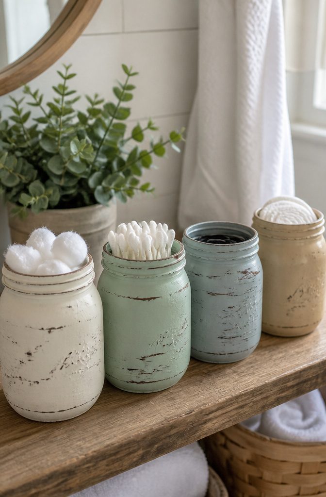 Rustic mason jars with a distressed finish filled with bathroom essentials.