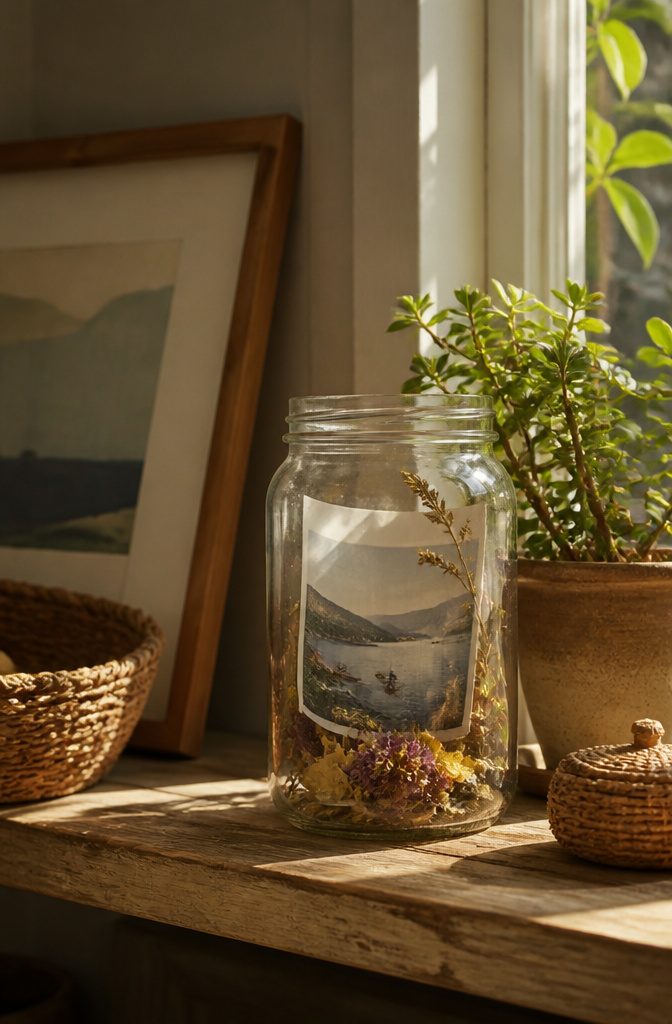 Jar containing a curled photograph surrounded by small keepsakes.