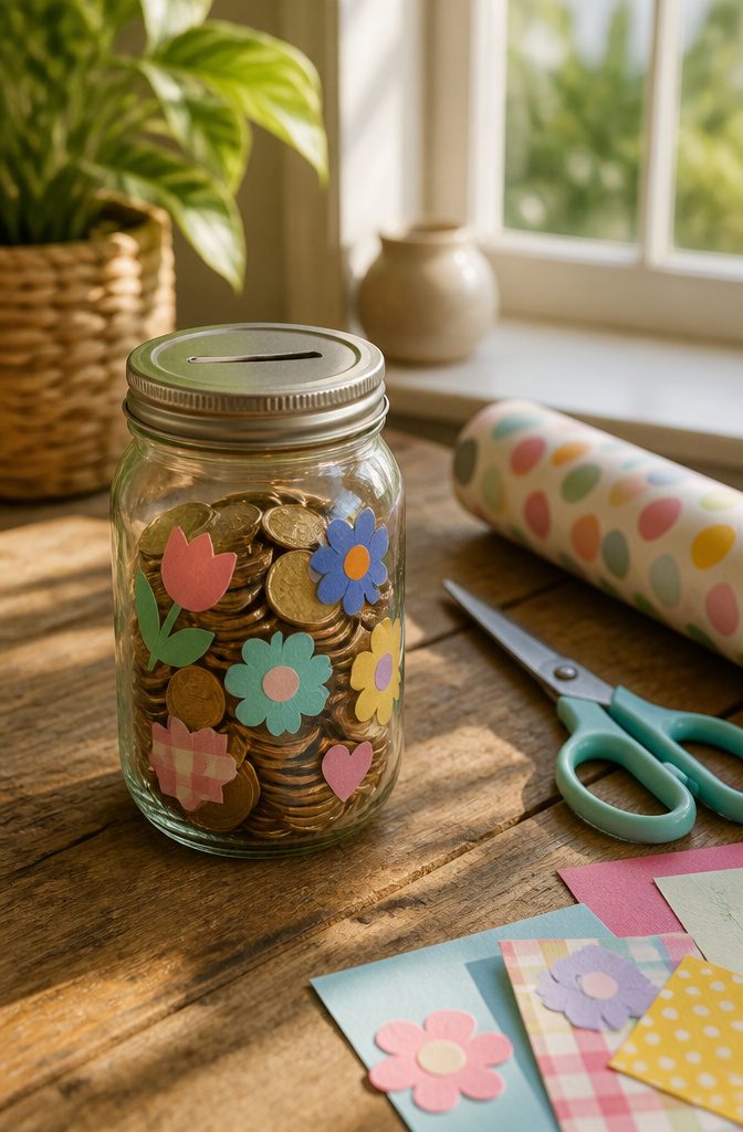 Transformed glass jar serving as a piggy bank with coins inside.