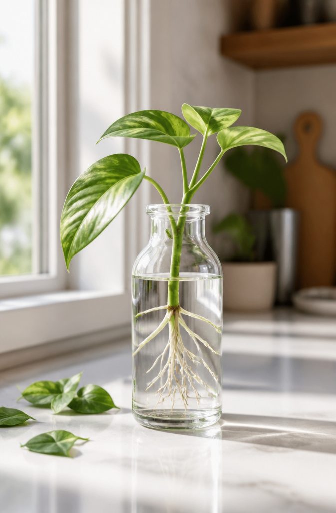 Clear glass jar with a cutting submerged in water for propagation.