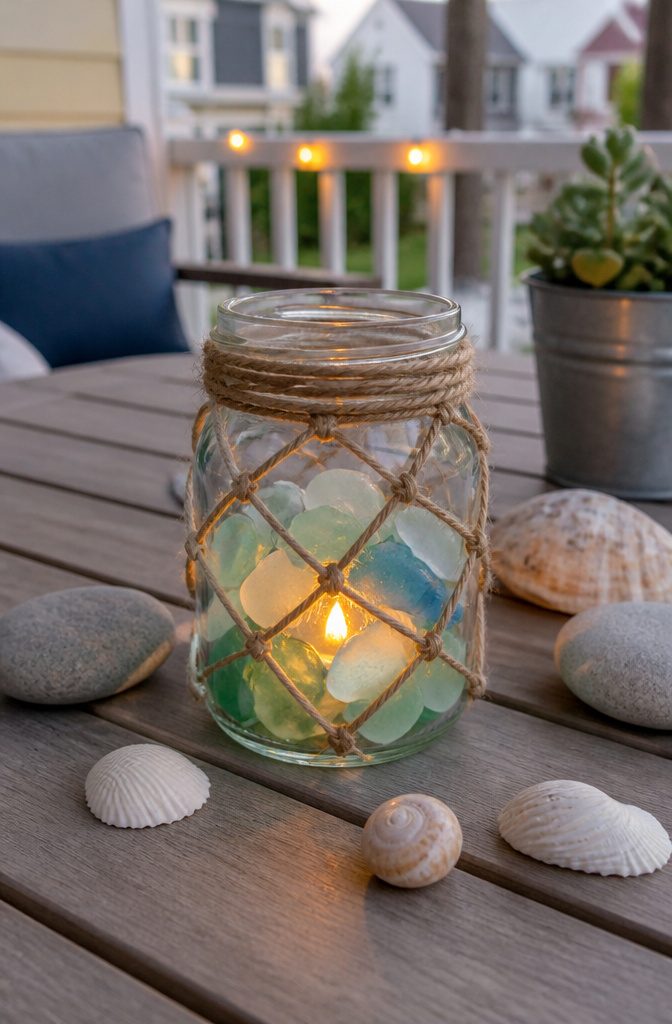 Jar filled with frosted sea glass pieces and a flameless tea light.