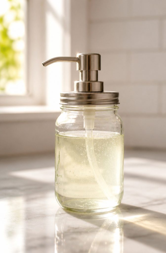 Mason jar with a pump lid attached, serving as a soap dispenser.