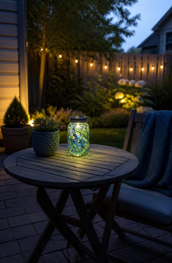 Mason jar with marbled nail polish design and a solar light inside.