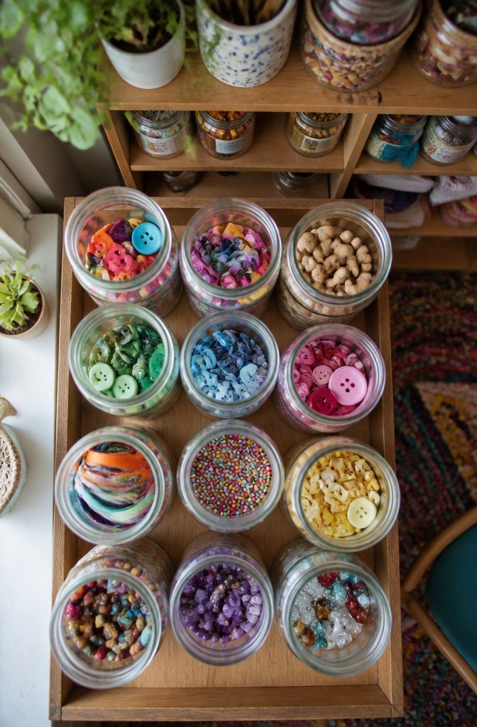 Various mason jars used for storage of dry foods and craft supplies.
