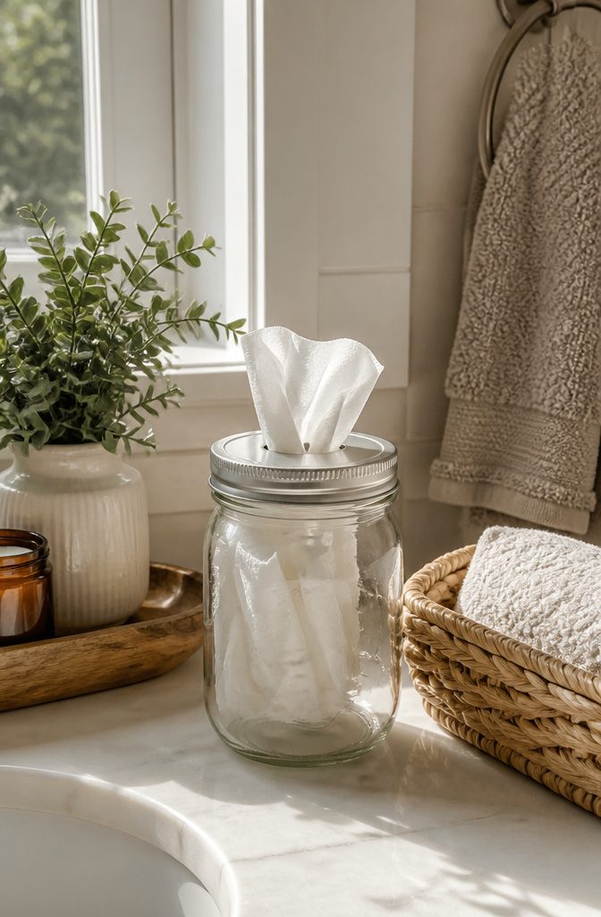 Glass jar with a canning lid, designed as a tissue holder.