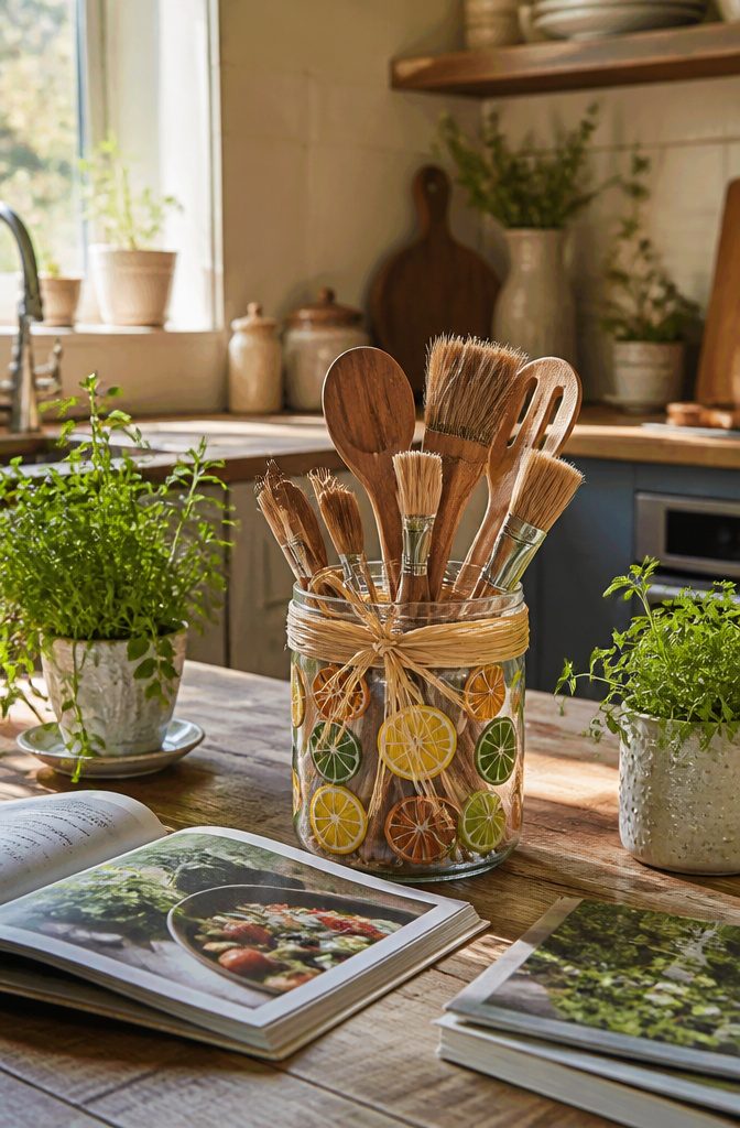 Repurposed pickle jar filled with wooden spoons and paintbrushes.