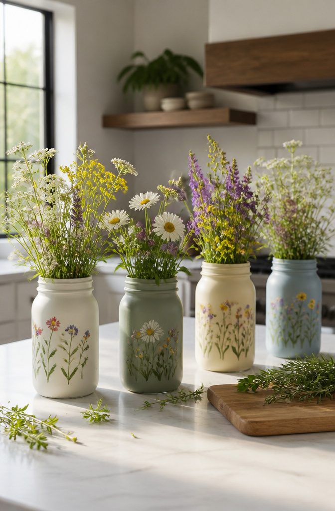 Jars with wildflower decals filled with colorful seasonal flowers.