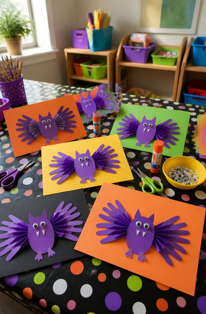 Handprint bats made from purple cardstock with colorful accents.