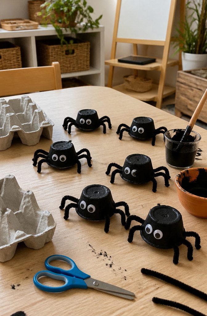 Spiders made from egg carton cups, painted black with legs.