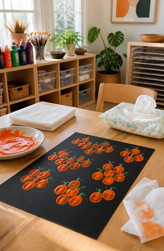 Fingerprint pumpkins made with orange paint on black paper.