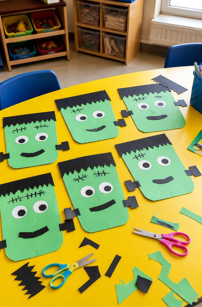 Frankenstein heads made from cut green construction paper.