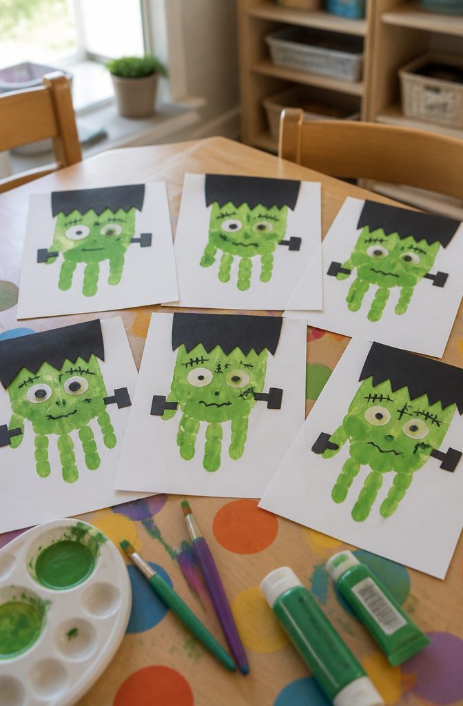 Frankenstein heads made from handprints with drawn features.