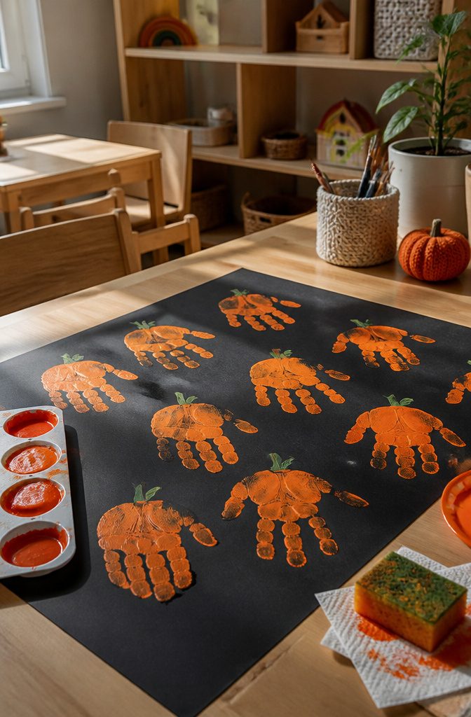 Pumpkin shapes created from orange handprints on black paper.