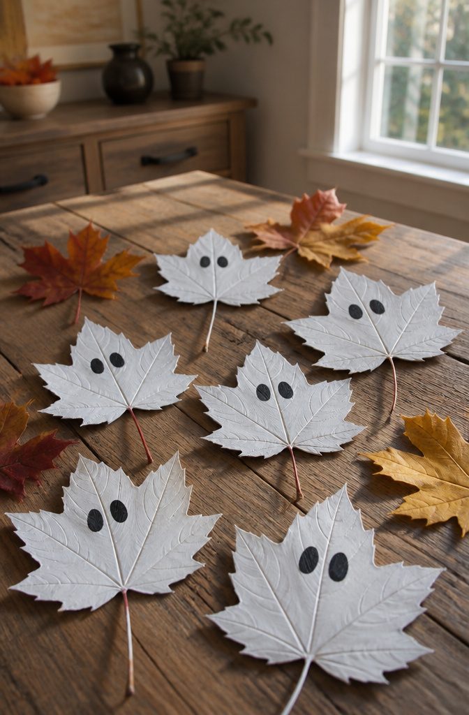Ghosts crafted from maple leaves painted white, sitting on a wooden table.