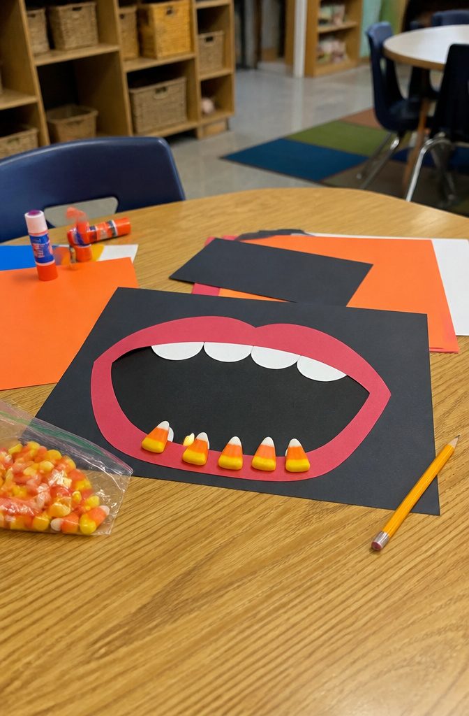 Large paper mouth with candy corn pieces representing teeth.