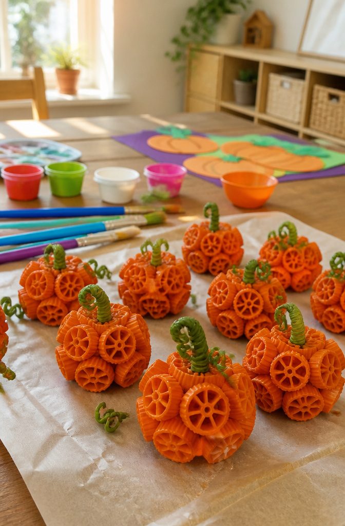 Noodle pumpkins crafted from pasta shapes covered in orange paint.