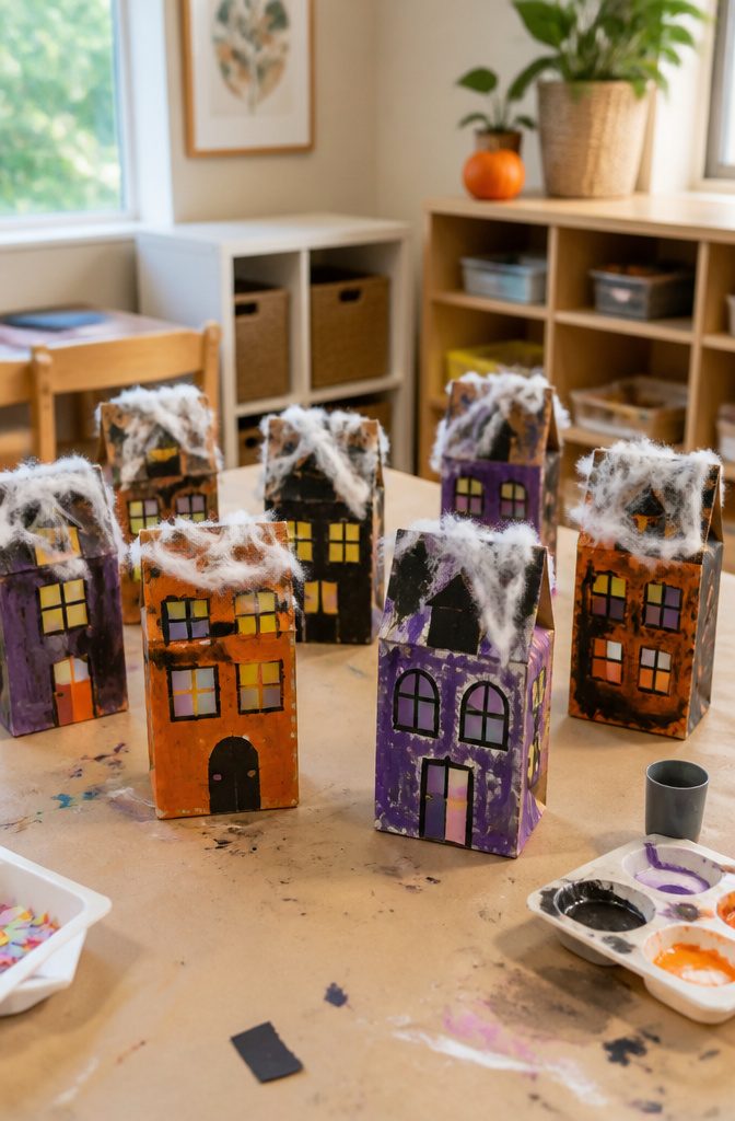 Haunted houses made from paper bags, painted in bright colors.