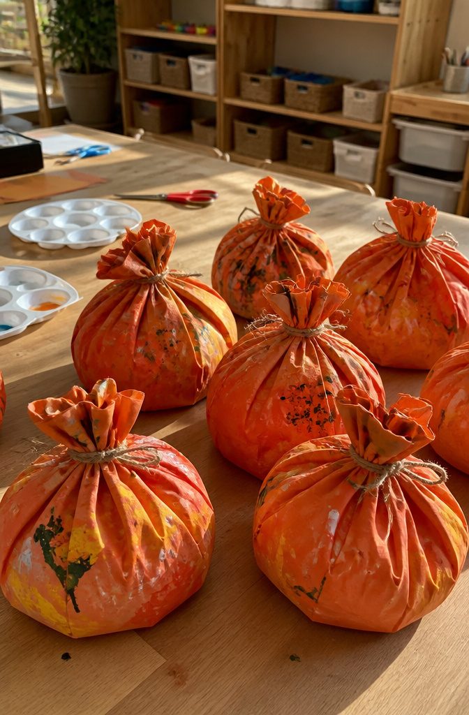Pumpkins made from paper bags, filled with crumpled newspaper.