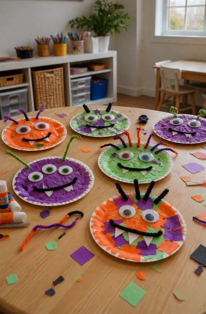 Monsters crafted on paper plates with various colorful materials.