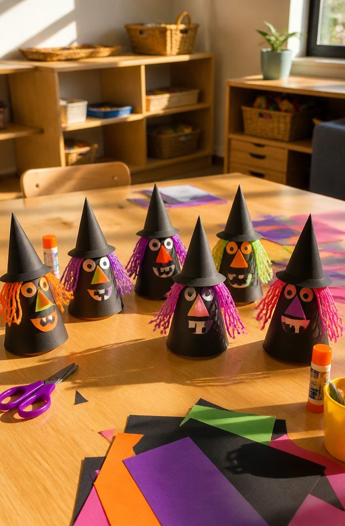 Witches made from black construction paper and colorful details.