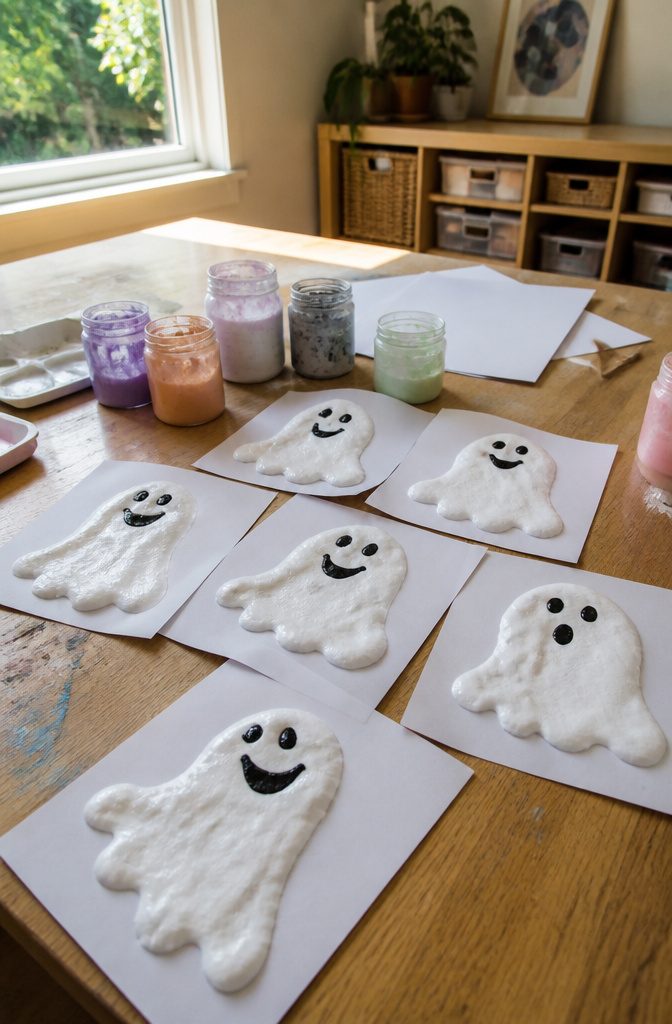 Ghosts made with puffy paint and outlined with black marker.