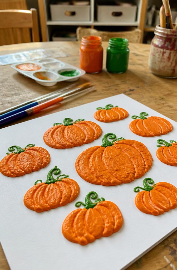 Pumpkins made with puffy paint in various colors on white paper.