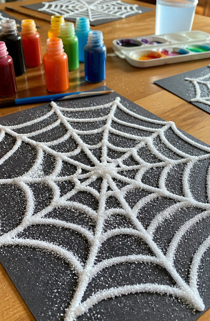Spiderweb designs made with glue and salt on dark construction paper.
