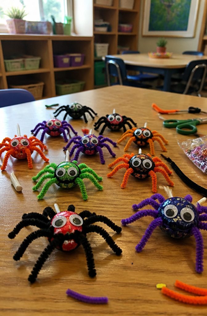 Lollipops with pipe cleaner legs created as spider suckers.