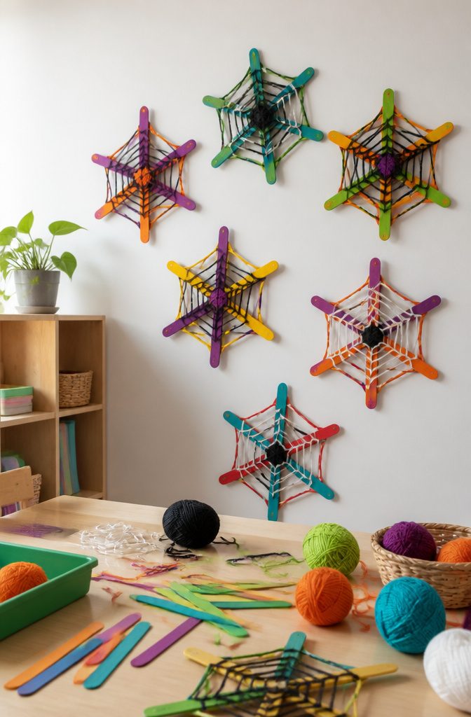 Popsicle sticks painted and woven with yarn into spiderweb designs.