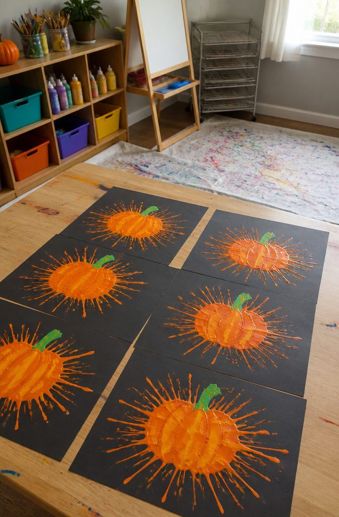 Pumpkin shapes made from splatters of orange paint on paper.