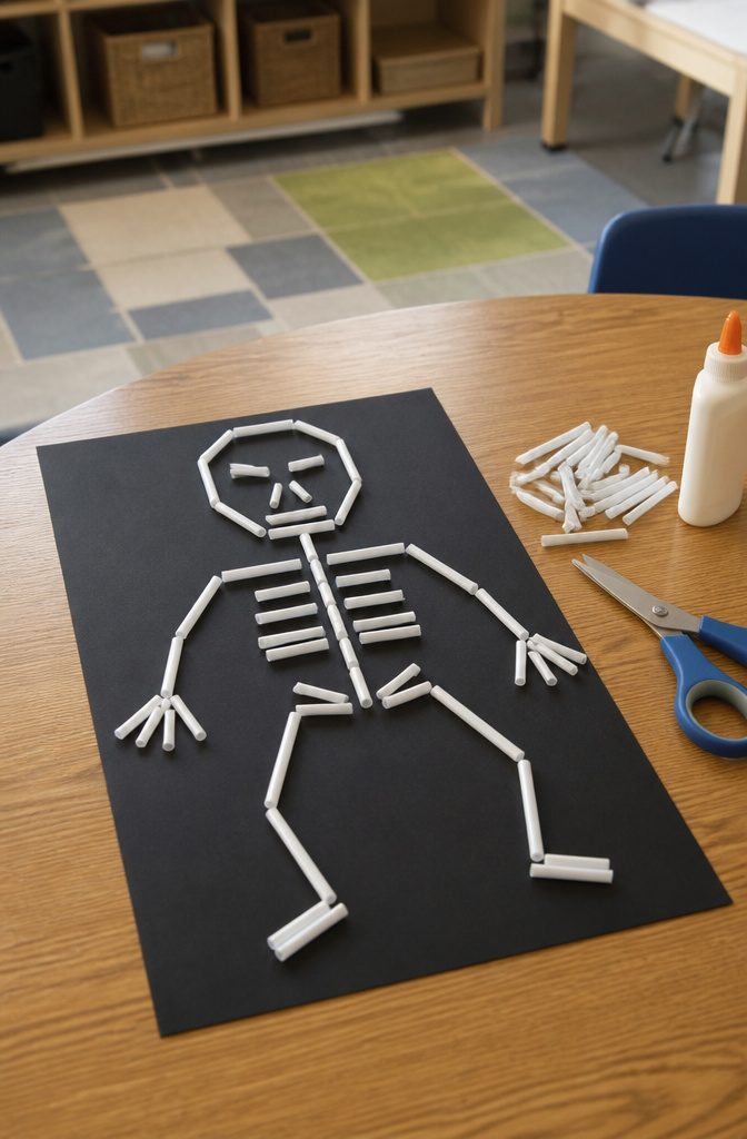 Skeleton shape created from white straws on a black background.