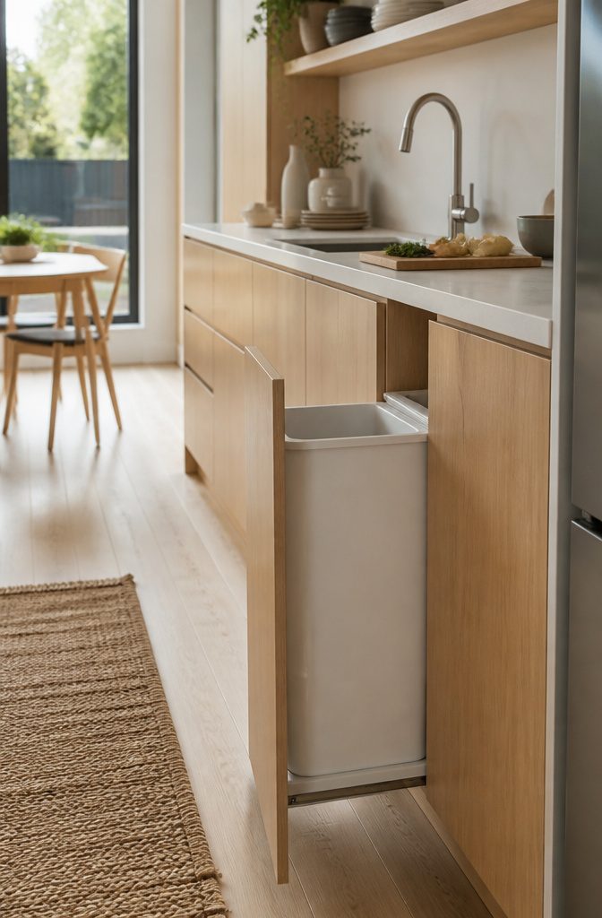 9 Home Trash Can Ideas for Every Kitchen Size and Style 8 A slim pull-out trash can integrated into a narrow cabinet.
