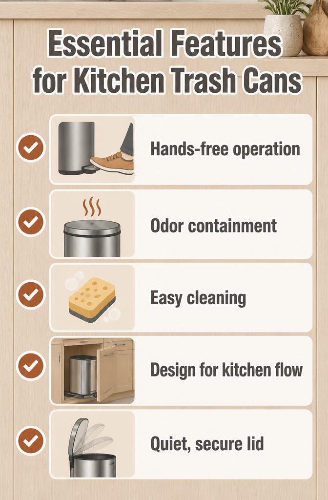 9 Home Trash Can Ideas for Every Kitchen Size and Style 10 An infographic detailing features for kitchen trash cans.
