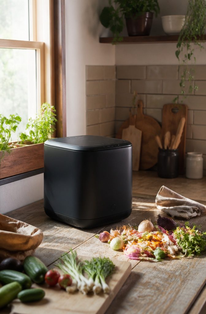 9 Home Trash Can Ideas for Every Kitchen Size and Style 12 A Zera Food Recycler on a rustic wooden countertop.