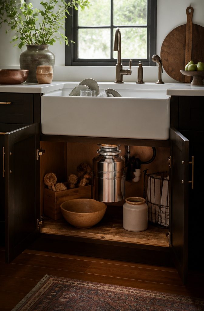 9 Home Trash Can Ideas for Every Kitchen Size and Style 4 A garbage disposal unit installed under a farmhouse sink.
